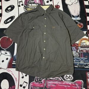 Vintage Carhartt Button Up Shirt Fishing Brown Mens L Short Sleeve Heavyweight